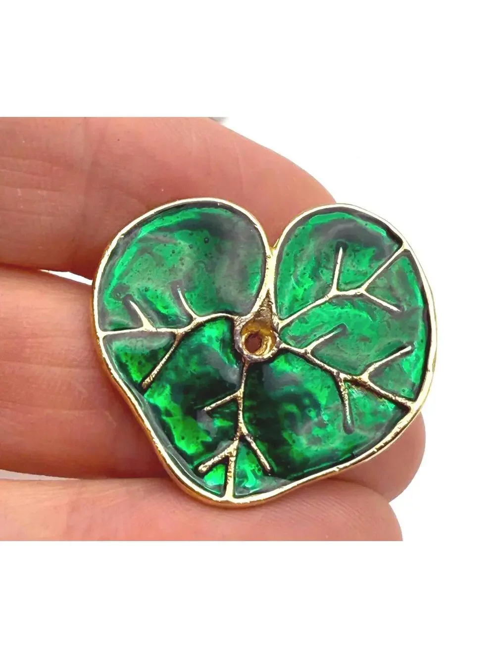 Green Leaf Heart-Shaped Enamel Brooch Pin